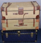 Three vintage metal / leather bound trunks / cases, the canvas examples by Bick of Cheltenham,