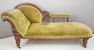 Victorian mahogany chaise longue raised on turned legs terminating in brass castors, length 188cm