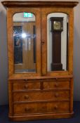 Victorian burr walnut compactum, the two mirror doors opening to reveal hanging space, the base