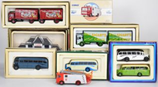 Eight Corgi diecast model trucks and buses including Commercials, Café Connections and Island