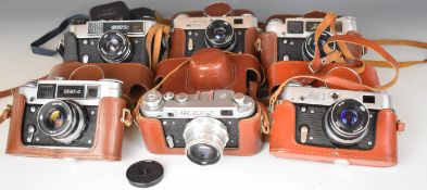 Six FED Russian 35mm rangefinder cameras comprising 2, 3, 3, 4, 4 and 5c