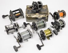 A collection of vintage Abu Ambassadeur multiplier fishing reels, various model numbers including
