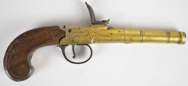 Perry of London flintlock pocket pistol with named and engraved brass frame, silver wire inlaid