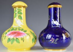Two 19thC Spode covered scent / perfume bottles, both with bird decoration in relief and with floral