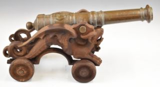 Bronze model of a cannon with 15inch barrel on cast iron carriage