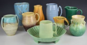 Collection of Beswick retro / Art Deco and drip glazed ceramic jugs, vases and jardinière