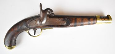 Austrian type percussion hammer action cavalry pistol with brass trigger guard, butt cap and mounts,