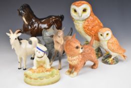 Beswick animal and bird figures including owls, figural bulldog pin dish, matt grey and ginger