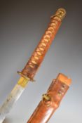 Japanese Samurai sword leather covered grip, 70cm curved blade and leather curved wooden scabbard.