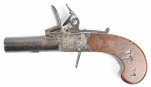 John Jones & Co of London flintlock pocket pistol with named and engraved locks, folding trigger,