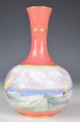 Copeland pedestal vase decorated with sailing boats in a stormy sea, height 16cm