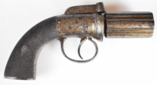 English 160 bore six-shot bar hammer action pepperbox revolver/ pistol with engraved lock, top