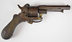 Belgian six-shot pinfire self-cocking revolver with chequered wooden grips, folding trigger and 3.