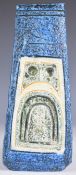 Troika pottery coffin vase with carved and incised decoration and blue washed glaze, Troika Cornwall
