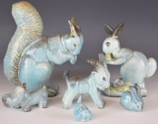 Six Beswick blue ware figures including squirrel, rabbits, hippo etc, tallest 22cm