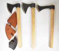 Three Scandinavian throwing axes, each with ash handle and leather cover.  PLEASE NOTE ALL BLADED