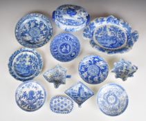 Collection of 19thC transfer printed blue and white ware including two pickle dishes, Copeland,