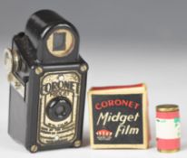 Black Coronet Midget novelty 16mm miniature or spy camera, with roll of film in box