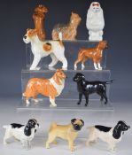 Collection of Beswick dog figures including poodle, pug, cocker spaniel, collie etc, tallest 10cm