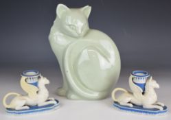 Spode Art Deco Velamour cat by Erik Olsen and a pair of figural griffin candlesticks, all with