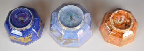 Wedgwood lustre ware three pedestal octagonal bowls decorated with dragons, Dogs of Fo etc,