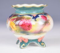 Royal Worcester Hadley Ware footed squat vase with frilled rim and flower decoration, height 7.5cm