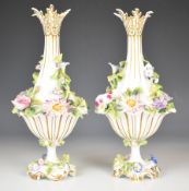 Grainger Royal Porcelain Works, Worcester pair of flower encrusted pedestal vases, height 27cm