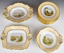 Copeland Spode extensive dessert service with landscape decoration, the handled dishes signed F