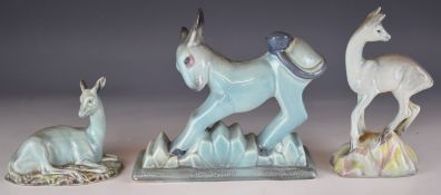 Two Beswick Art Deco blue ware deer figures and Art Deco style donkey, tallest 18cm