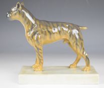 Hunst Heubach porcelain figure of a boxer dog, on plinth with impressed 'J H Braumann Mainz' to