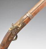 Middle Eastern flintlock rifle with indistinct markings to the lock, reeded stock, brass trigger