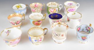 Twelve 19thC mainly Spode teacups decorated with flowers and birds, some with decoration in
