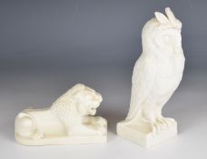 Copeland Parianware figure of an owl and a recumbent lion, tallest 18cm