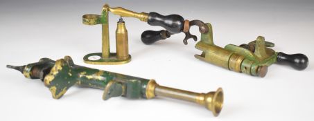Three Bartram brass shotgun cartridge re-loading tools including a capper/ de-capper and a