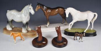Beswick 818 Shire horse mare in grey, race horse, spirit horse in white, foals, three plinths and