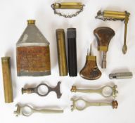 Twelve gun tools and accessories including a campaign or travelling gun key with nipple key and