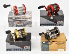 Four Abu Ambassadeur multiplier fishing reels comprising 6600C3 CT Mag Hi Speed, 6600DS, 6500C3