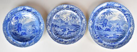 Three Spode blue and white transfer printed sporting scenes plates / bowls including 'Death Of The
