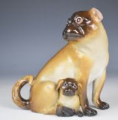 Meissen 19thC figure of a pug with puppy, with blue crossed swords and impresses '73' and 315/515 to