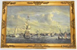 Possibly Dutch naval canvas galleon scene of ships in port, 114 x 73cm
