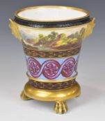 Coalport c1805 spill vase with hand painted landscape scene, raised on three lion pad feet, height