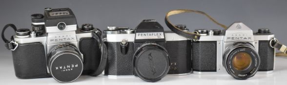 Three Pentax 35mm SLR cameras comprising two S1a and one Pentaflex SL, with two Takumar 1:2/55 and
