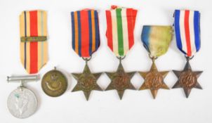 Five WW2 medals comprising France & Germany Star, Italy Star, Burma Star, Atlantic Star, Indian