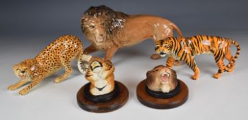 Beswick large lion, leopard, tigress and two figural wall plaques of a lion head and a tiger head,