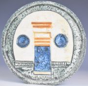 Troika pottery wheel vase with carved and incised decoration, blue, cream and rust glaze, Troika