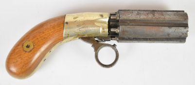 Unnamed six-shot percussion under hammer action pepperbox pistol with ring trigger, shaped wooden