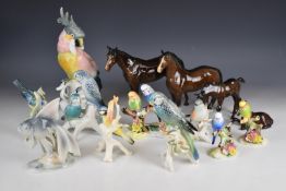 Karl Ens cockatoo, Adderley, Doulton and Beswick figures etc, tallest 28cm
