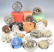 Collection of vintage fishing reels including brass centrepin reels including Allcocks Aerialite