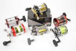 Six Abu Ambassadeur multiplier fishing reels comprising two 7000CL, 7000C4LD, 7000i CT Mag Hi