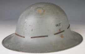 British WW2 Zuckerman steel helmet marked WD to exterior, MPB41 to rim, webbing liner and chin